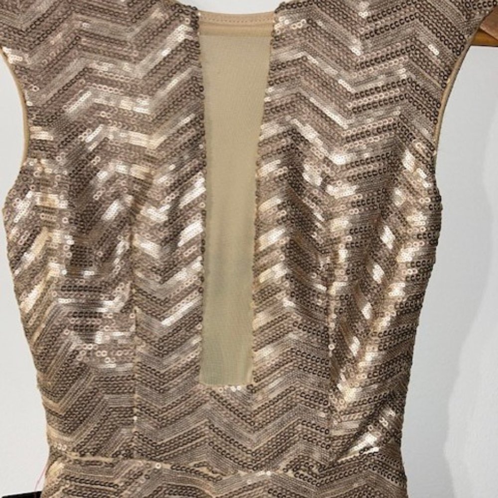 BeBe Champagne Frosty Zig Zag Sequin Flare D Midi Dress XS NWT NEW UNWORN - Picture 5 of 5